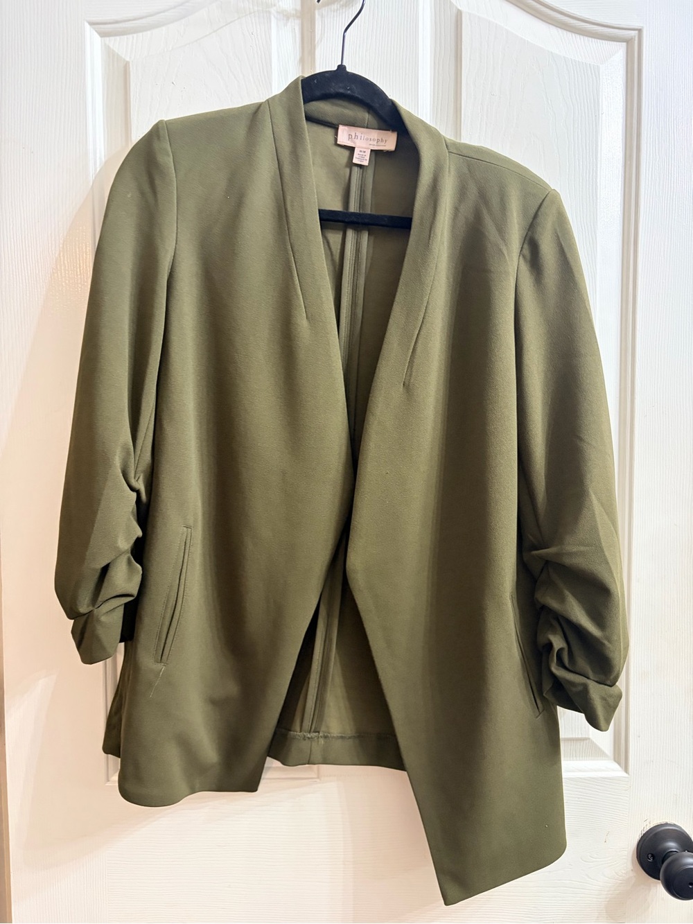 Philosophy Olive Open-Front Blazer with Shirred Sleeves